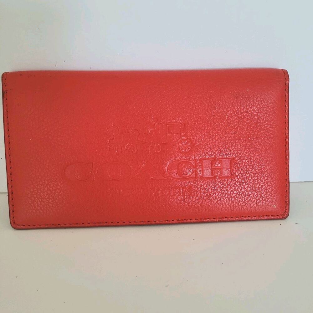 Damaged Coach Wallet Carriage Logo Red Bifold Checkbook Card Holder Fair